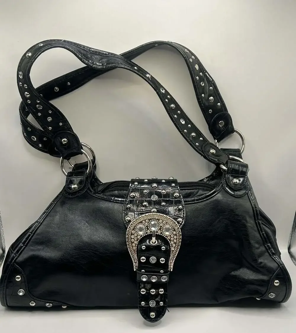 Y2K Black Faux Leather Rhinestone Buckle Studded Shoulder Bag
